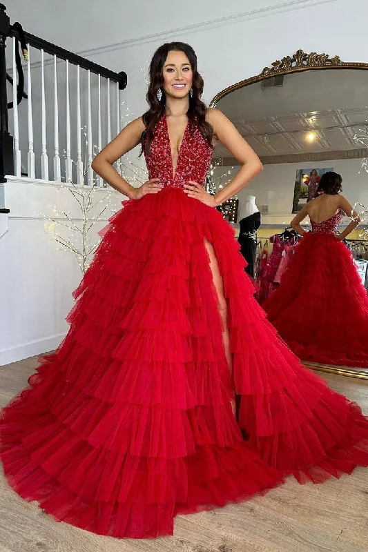 A-Line Princess Halter Ruffle Tiered Tulle Long Prom Dress with Slit Vintage Maxi Skirt