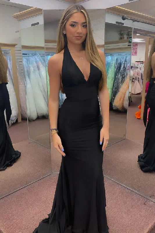 Black Satin Halter Backless Mermaid Long Prom Dress Formal Maxi Outfit