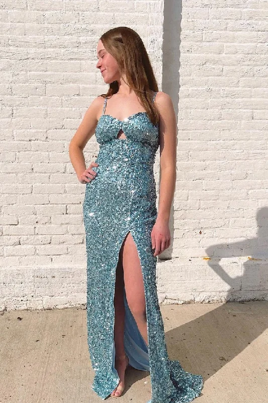 Blue Sequins Sweetheart Keyhole Mermaid Long Prom Dress with Slit Soft Maxi Dress