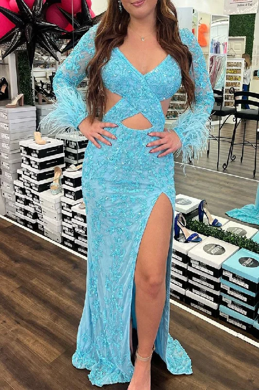 Blue V Neck Sequins Lace Mermaid Long Prom Dress with Feather Tartan Maxi Skirt