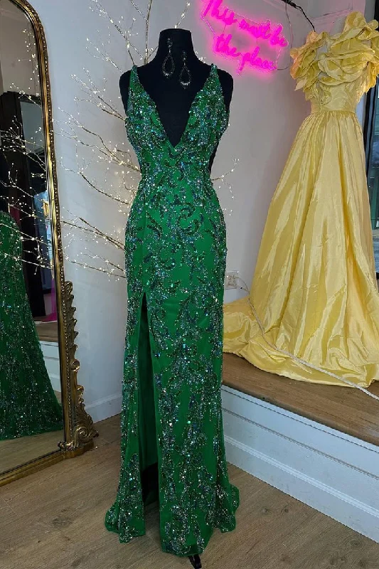 Dark Green V Neck Sequins Lace Mermaid Long Prom Dress with Slit Cozy Maxi Dress