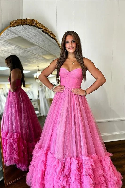 Fuchsia A-Line Strapless Ruffle Tiered Long Prom Dress Printed Long Skirt