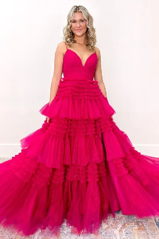 Fuchsia A-Line V Neck Ruffle Tiered Long Prom Dress with Slit Button-front Maxi Skirt