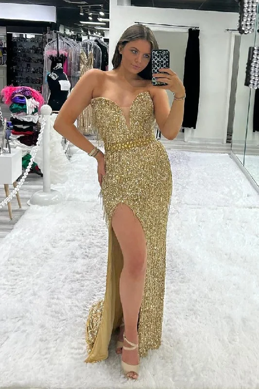 Gold Sequins Mermaid Strapless Long Prom Dress with Slit. Tulle Layered Maxi