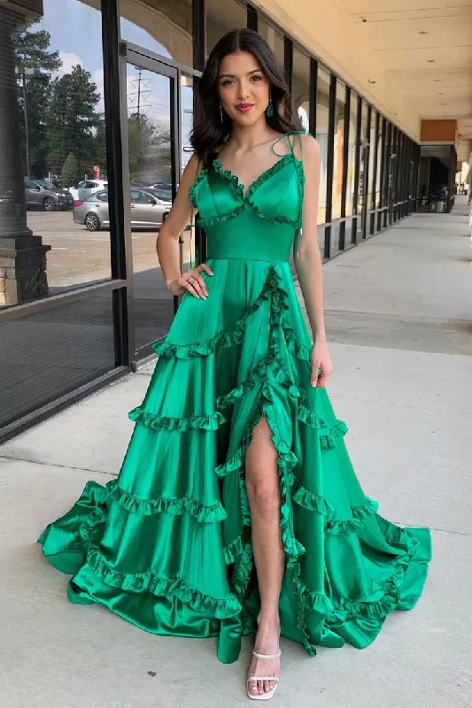 Green Satin A-Line V Neck Prom Dresses with Straps and Ruffle Long Denim Maxi Skirt