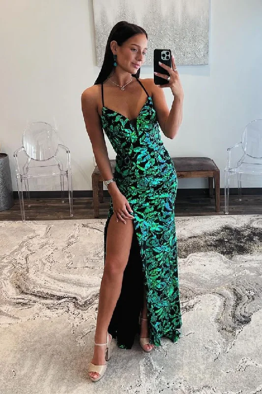 Green V Neck Sequins Lace Mermaid Long Prom Dress with Slit Formal Maxi Skirt