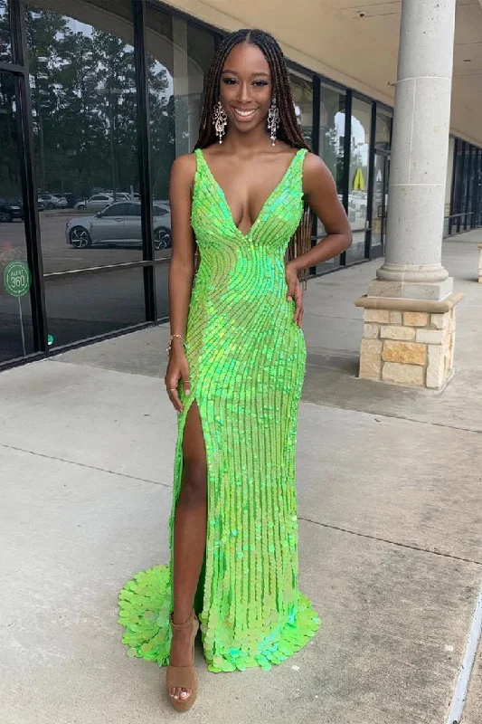 Green V Neck Sequins Mermaid Long Prom Dress with Slit Floral Maxi Skirt