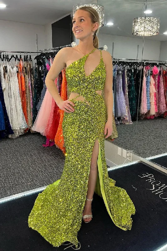 Green Yellow One Shoulder Cutout Sequins Mermaid Long Prom Dress with Slit Lace Maxi Skirt