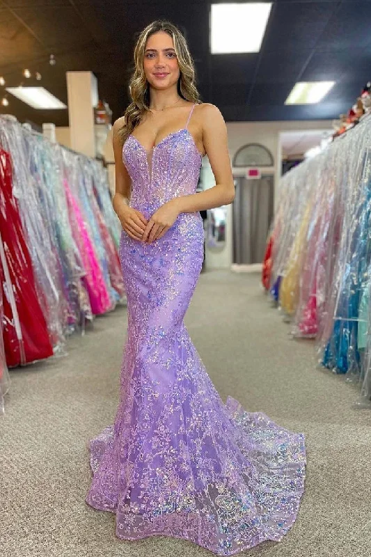 Lilac V Neck Sequins Appliques Mermaid Long Prom Dress Printed A-line Maxi