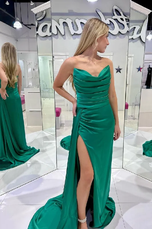 Mermaid Strapless Green Satin Long Prom Dress with Slit Ruffled Maxi Skirt