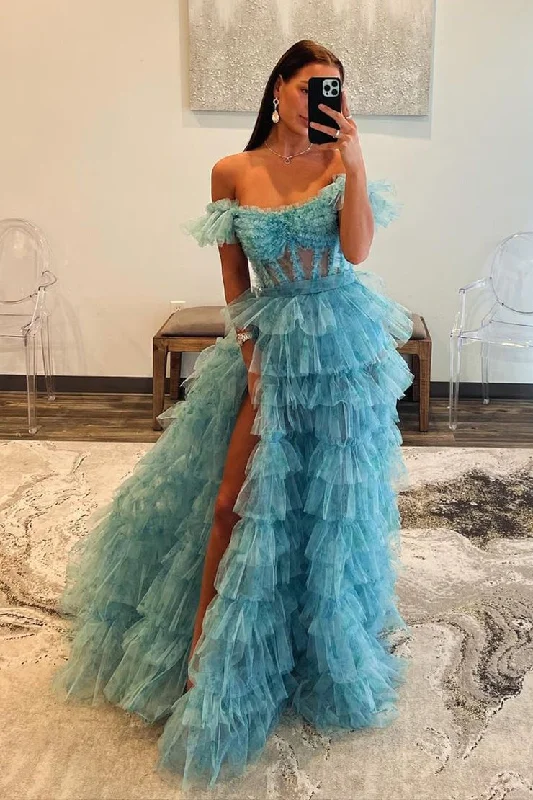 Off the Shoulder A-Line Ruffle Tiered Long Prom Dress with Slit Colorful Maxi Skirt