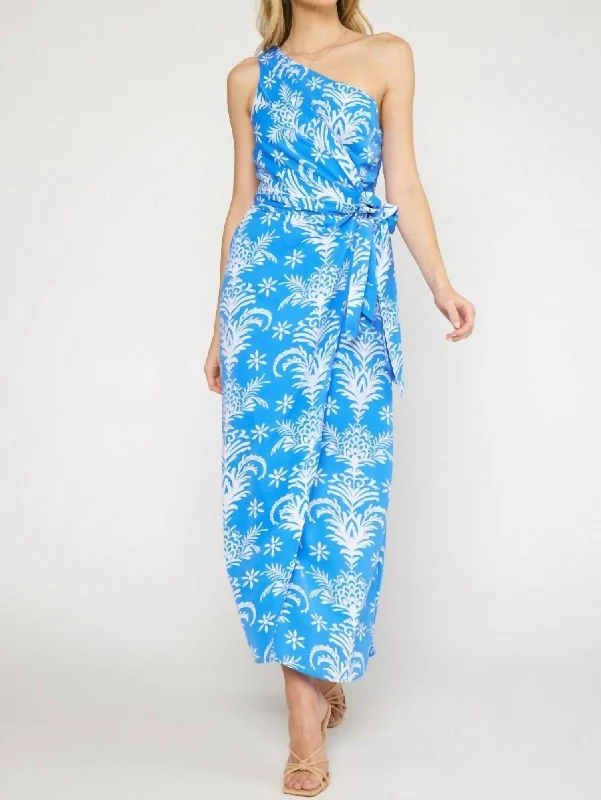 One-Shoulder Sleeveless Maxi Dress In Blue Tropical Print Black Maxi Skirt