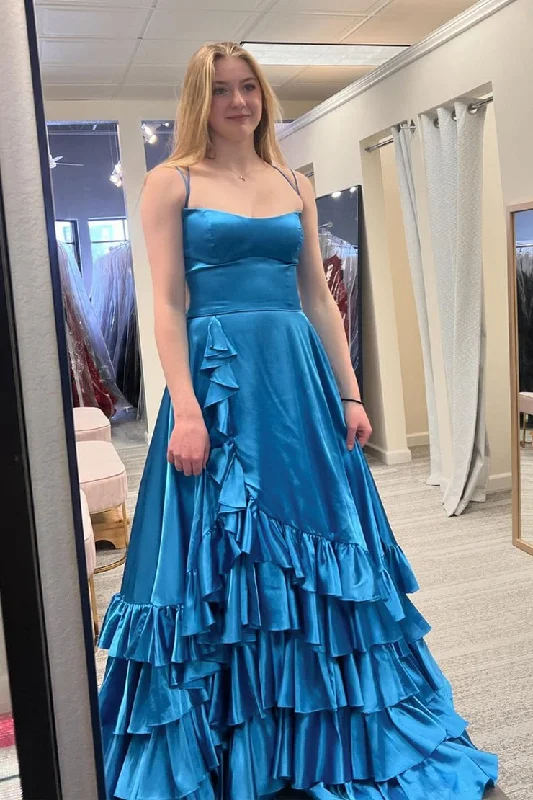 Peacock Blue Ruffle A-Line Scoop Neck Long Prom Dress Sexy Long Skirt