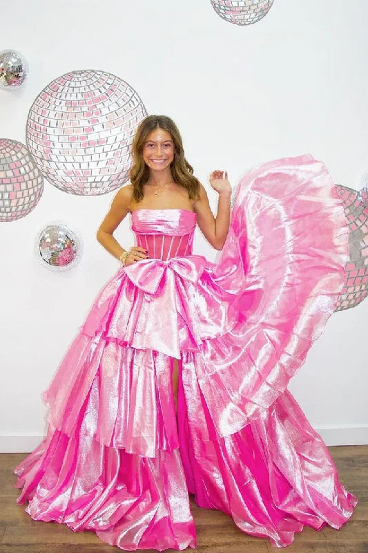 Pink Ball Gown Strapless Organza Ruffled Long Prom Dress with Bow Maxi Skirt Glam