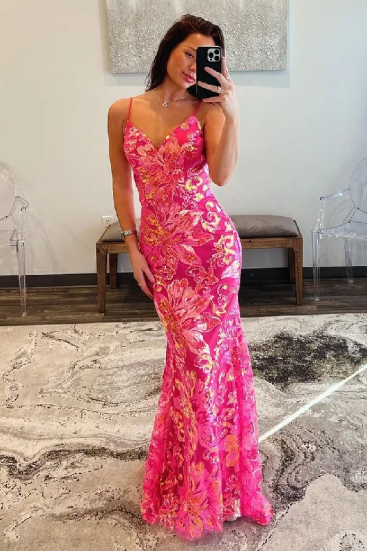 Pink V Neck Sequins Mermaid Long Prom Dress Maxi Skirt Fashion