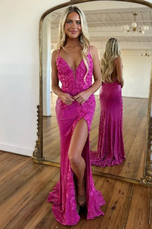 Purple Sequins V Neck Mermaid Long Prom Dress with Slit Boho Chic Maxi