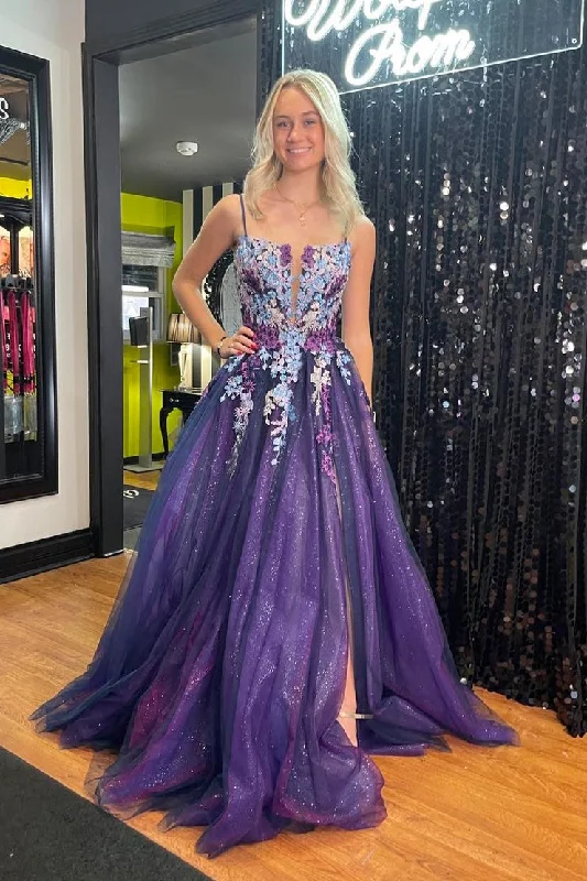 Purple Tulle Long Prom Dress with Spaghetti Straps and Appliques Stylish Maxi Skirt