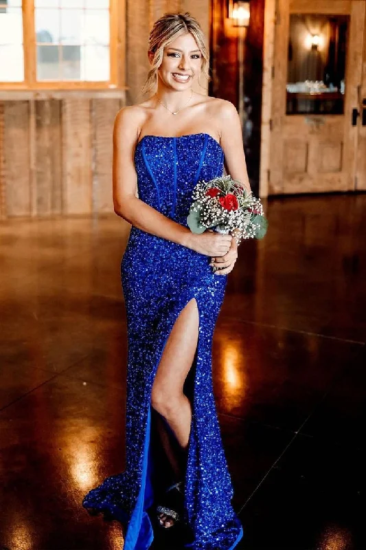 Royal Blue Strapless Sequins Mermaid Long Prom Dress with Slit A-line Maxi Skirt