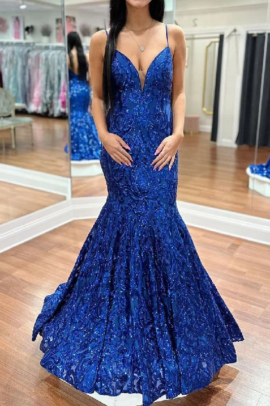 Royal Blue V Neck Sequins Lace Mermaid Long Prom Dress Plaid Maxi Skirt