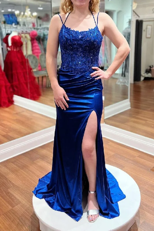 Scoop Neck Royal Blue Satin Mermaid Long Prom Dress with Appliques V-neck Maxi Skirt