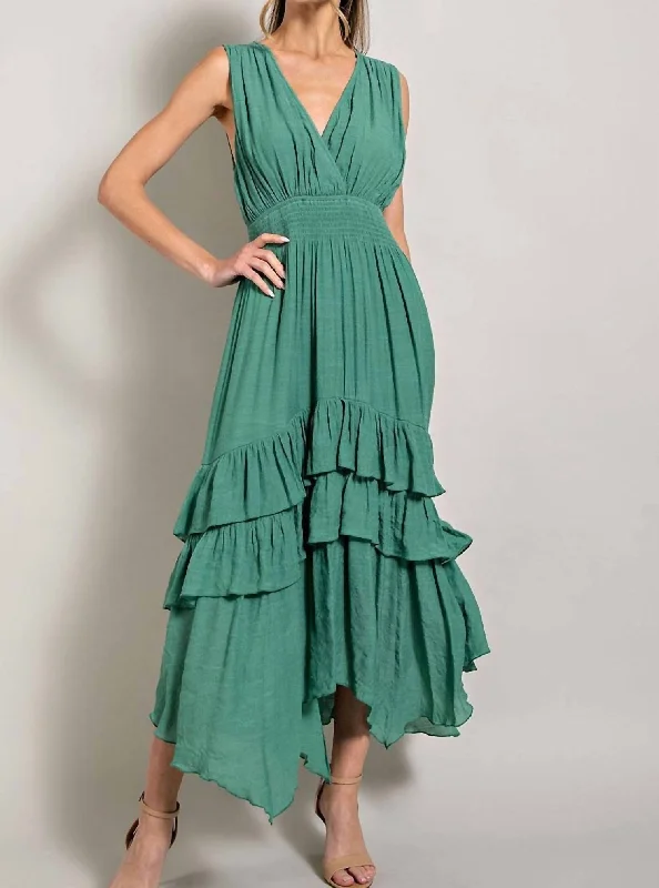 Smocked Ruffle Maxi Dress In Sage Flowing Boho Skirt