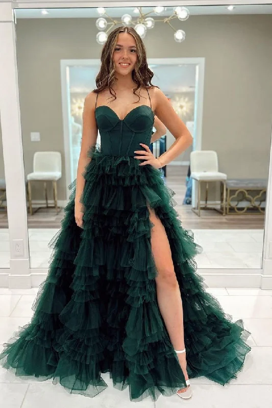 Sweetheart A-Line Ruffle Tiered Long Prom Dress with Slit Ruffle Long Maxi