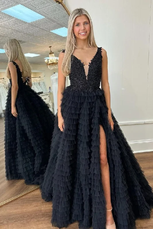 V Neck A-Line Ruffle Tiered Tulle Long Prom Dress with Slit Maxi Skirt Trend