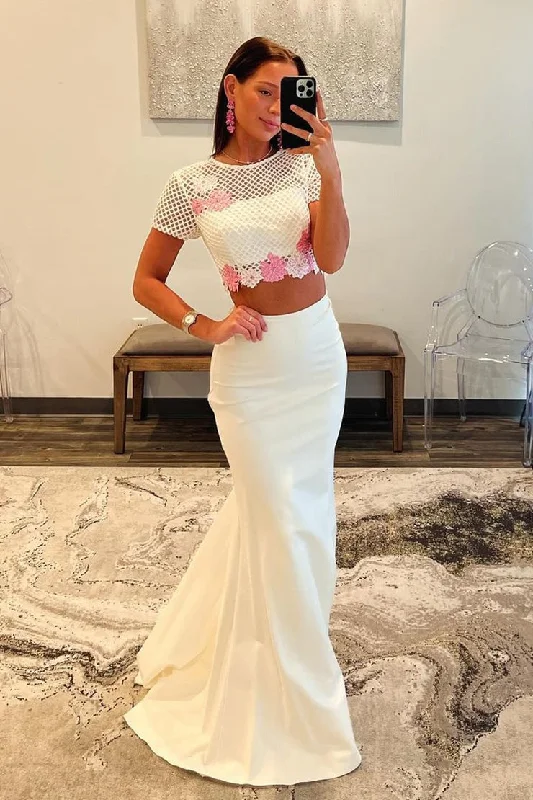 White Lace Two Piece Short Sleeves Long Prom Dress Elegant Maxi Look