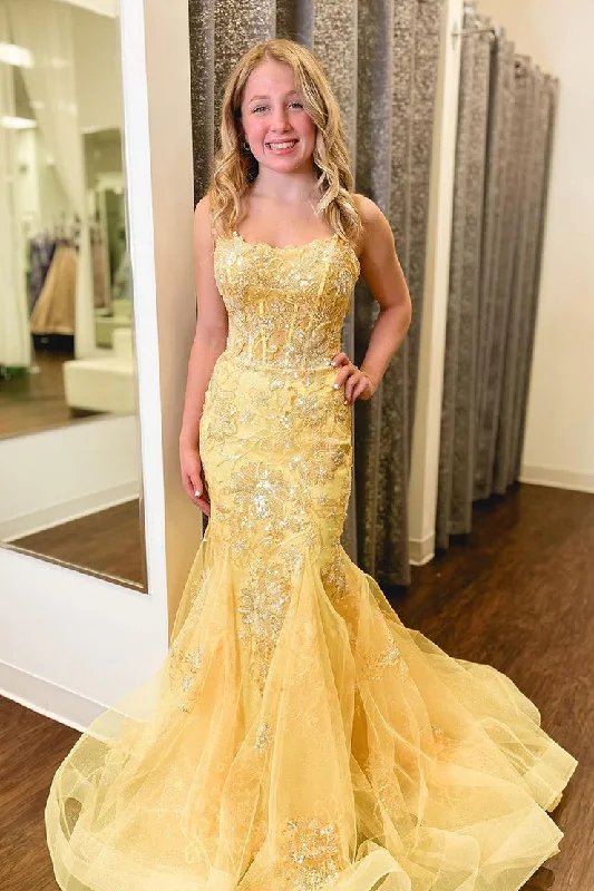 Yellow Sequins Scoop Neck Appliques Mermaid Long Prom Dress Midi Maxi Skirt